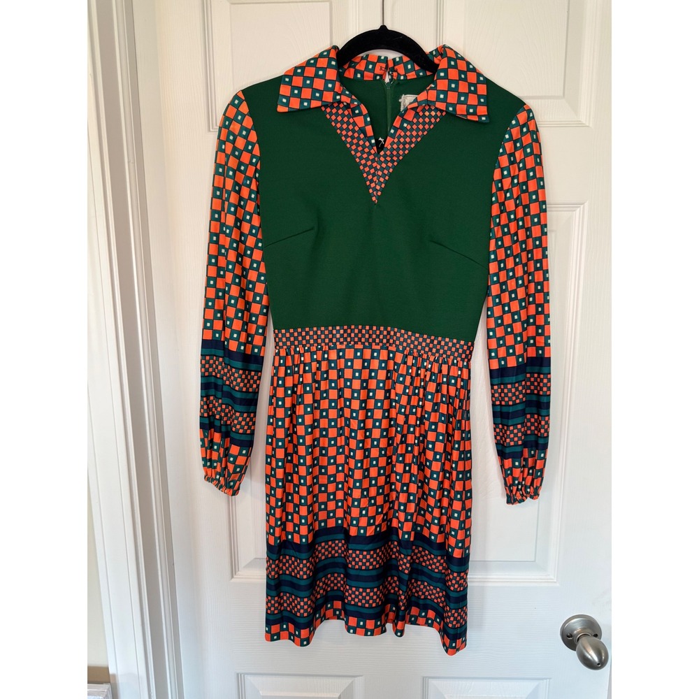 Vintage Leslie Fay Original Green Orange Geometric Checkerboard Mini Dress 70s